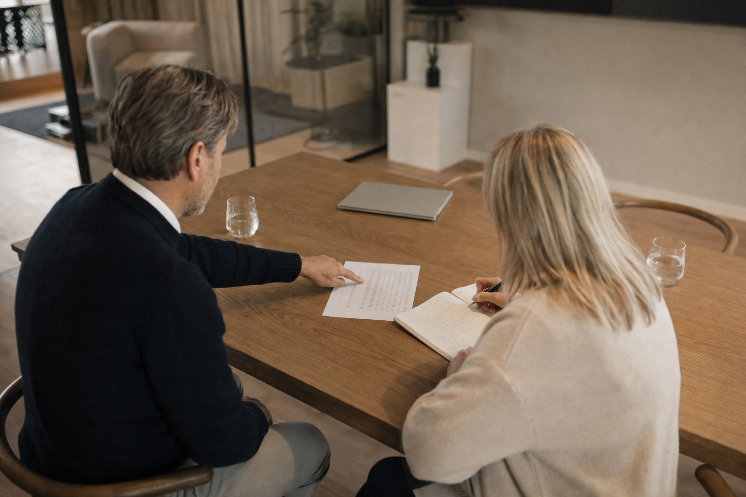 Twee collega's werken samen aan een tafel met cijfers op papier