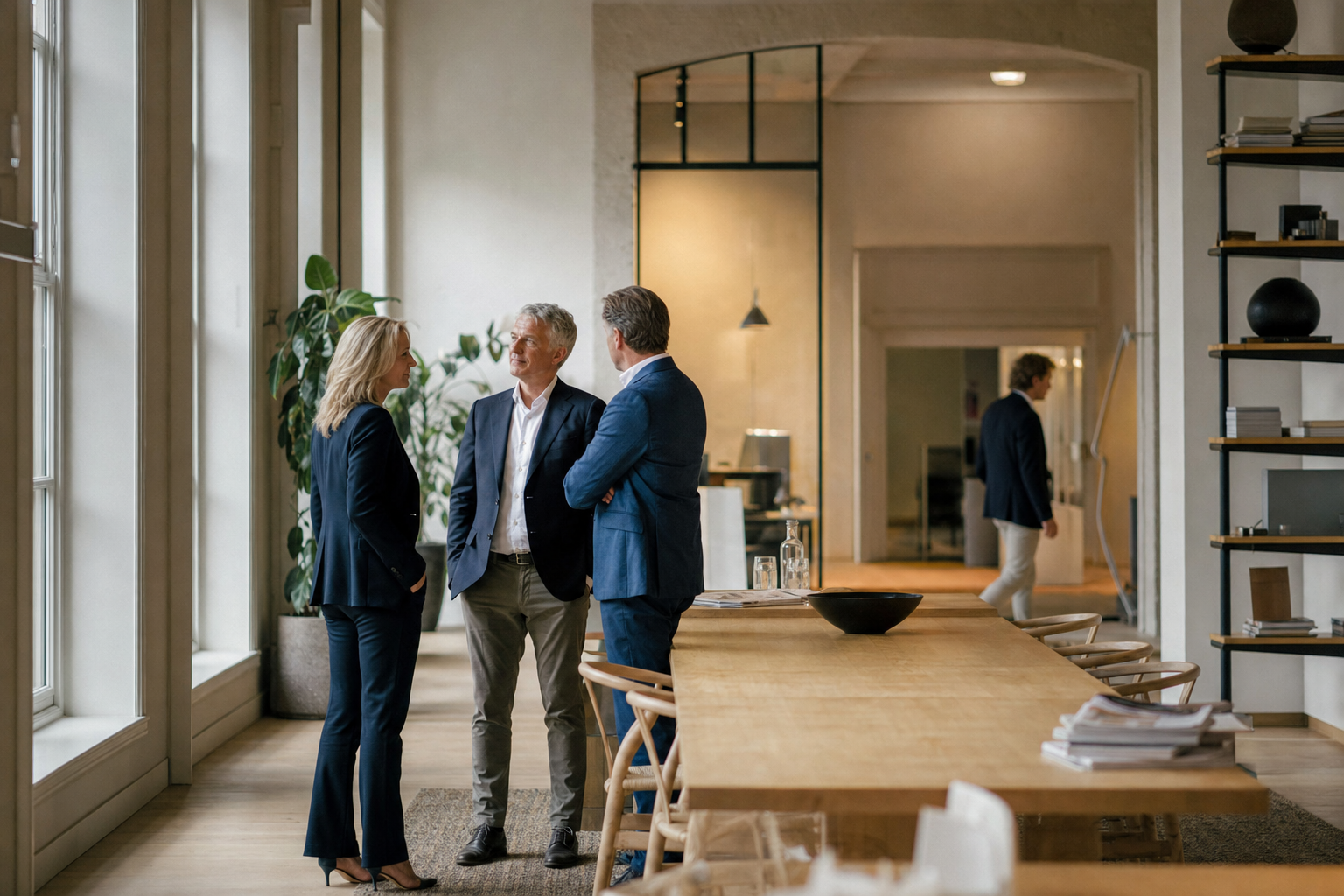 Drie mensen in gesprek in een licht kantoor